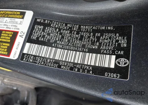 2011 Toyota Avalon Limited from USA, damaged, VIN 4T1BK3DB5BU438746